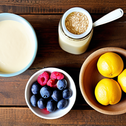 Home 13 **Image Prompt: Ingredients' Magic & Abundance**
A vibrant, high-angle flat lay showcasing a diverse array of fresh and natural vegan baking ingredients on a rustic wooden surface. Emphasize bright, appealing colors from ripe berries (like raspberries, blueberries), citrus fruits (lemon, lime), various nuts (cashews, almonds), cartons of plant milk (oat or almond), a jar of date paste, a block of cocoa butter, and a bowl containing frothy aquafaba. The lighting should be natural and inviting, conveying a sense of abundance and purity in a typical Swedish kitchen aesthetic.