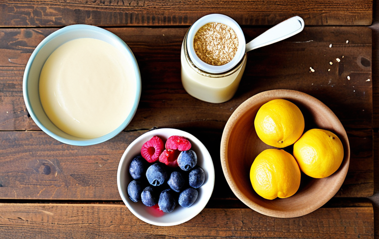 **Image Prompt: Ingredients' Magic & Abundance**
A vibrant, high-angle flat lay showcasing a diverse array of fresh and natural vegan baking ingredients on a rustic wooden surface. Emphasize bright, appealing colors from ripe berries (like raspberries, blueberries), citrus fruits (lemon, lime), various nuts (cashews, almonds), cartons of plant milk (oat or almond), a jar of date paste, a block of cocoa butter, and a bowl containing frothy aquafaba. The lighting should be natural and inviting, conveying a sense of abundance and purity in a typical Swedish kitchen aesthetic.