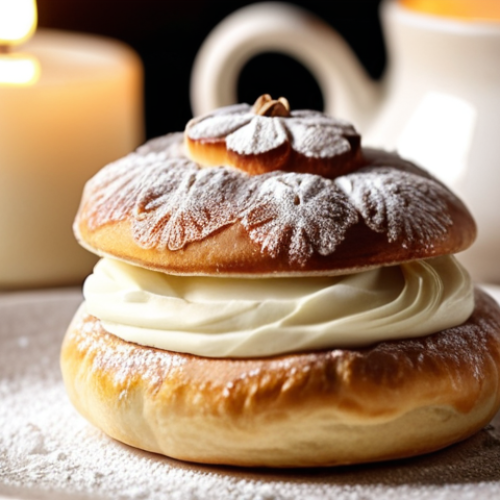 ** A professionally styled close-up photo of a beautifully decorated "Semla" (a traditional Swedish cream-filled cardamom bun), with powdered sugar dusting the top. The background is a softly blurred, cozy Swedish "fika" setting with candles and a warm, inviting atmosphere.  Keywords: Semla, Swedish pastry, Fika, dessert, professional, bakery.

**