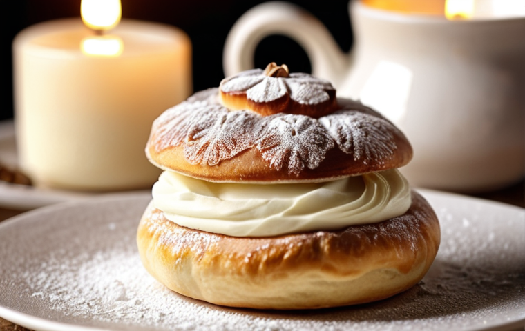 ** A professionally styled close-up photo of a beautifully decorated "Semla" (a traditional Swedish cream-filled cardamom bun), with powdered sugar dusting the top. The background is a softly blurred, cozy Swedish "fika" setting with candles and a warm, inviting atmosphere.  Keywords: Semla, Swedish pastry, Fika, dessert, professional, bakery.

**