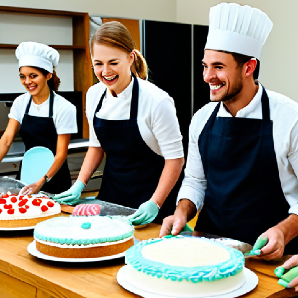 **

"A bright, modern kitchen scene. A friendly, fully clothed instructor demonstrates cake decorating techniques to a small group of eager students. They are all smiling and engaged. The table is covered with various baking tools and colorful ingredients. Safe for work, appropriate content, professional baking class, fully clothed, modest attire, perfect anatomy, natural proportions, high quality image."

**