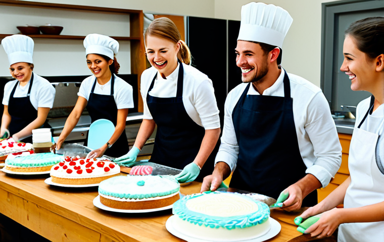 **

"A bright, modern kitchen scene. A friendly, fully clothed instructor demonstrates cake decorating techniques to a small group of eager students. They are all smiling and engaged. The table is covered with various baking tools and colorful ingredients. Safe for work, appropriate content, professional baking class, fully clothed, modest attire, perfect anatomy, natural proportions, high quality image."

**