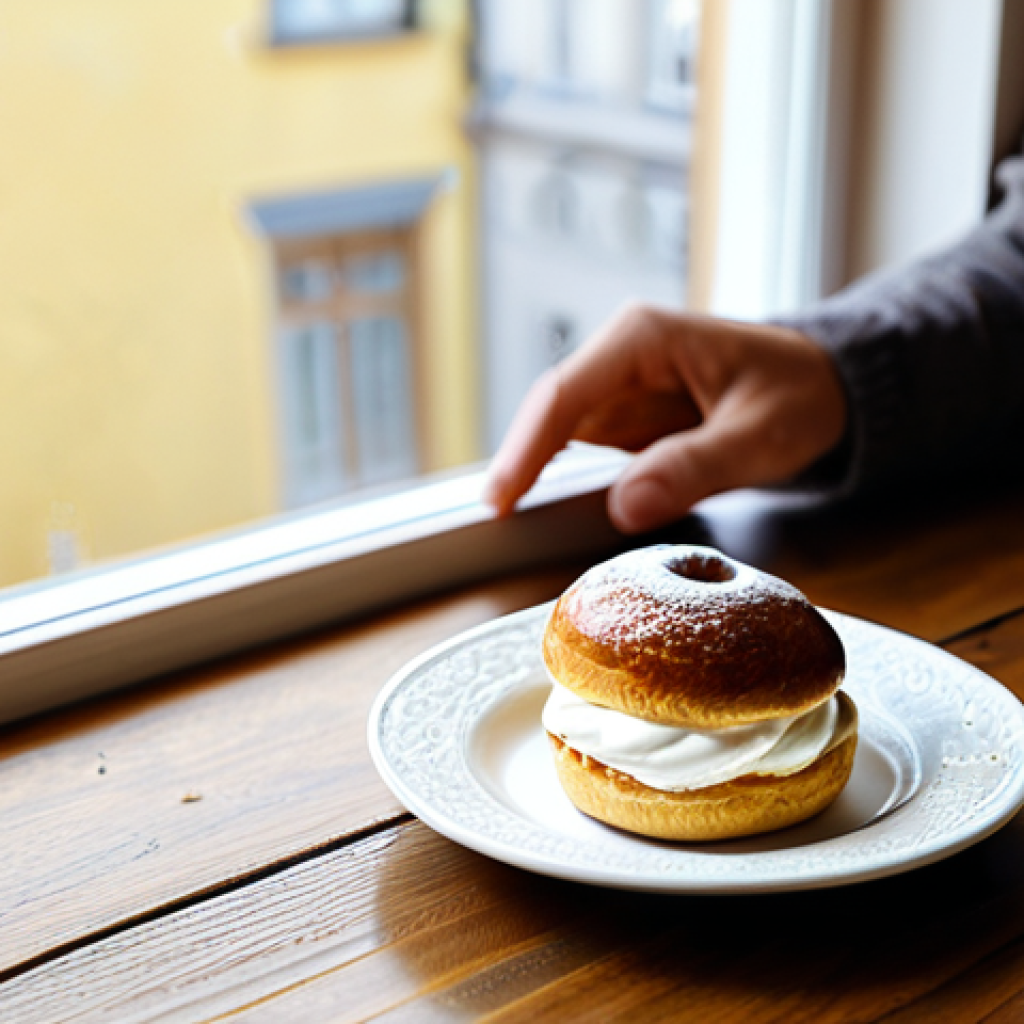 Cozy Fika Scene**

"A beautifully styled fika scene featuring a semla and kanelbulle on a rustic wooden table, with a cup of coffee, soft natural light from a window, fully clothed hands gently holding the cup, warm and inviting atmosphere, cozy Swedish cottage background, safe for work, appropriate content, perfect anatomy, correct proportions, professional food photography, high quality, modest presentation."

**