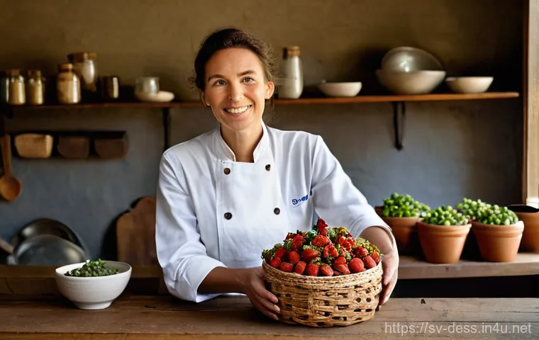 디저트 전문가로 일하며 겪는 어려움 - **Prompt:** A female dessert chef, in her early thirties, stands in a warmly lit, rustic kitchen. Sh...
