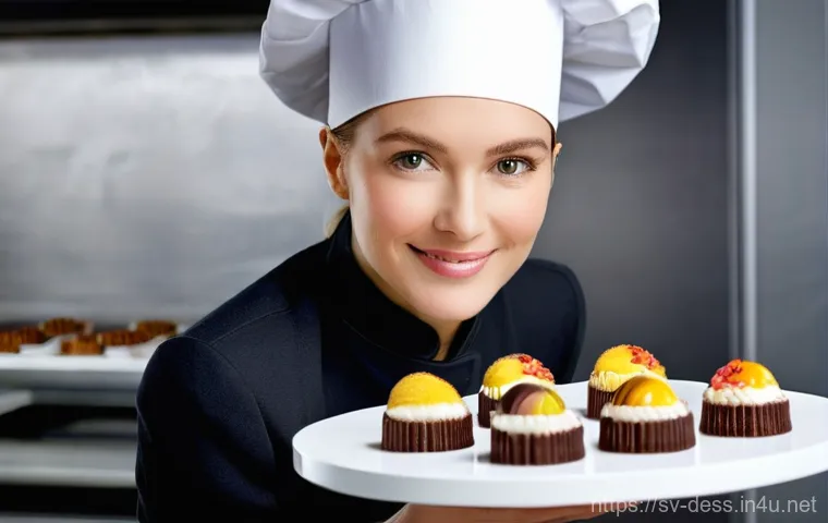 디저트 전문가로 일하며 겪는 어려움 - **Prompt:** A male dessert chef, in his late twenties, is intensely focused in a professional kitche...