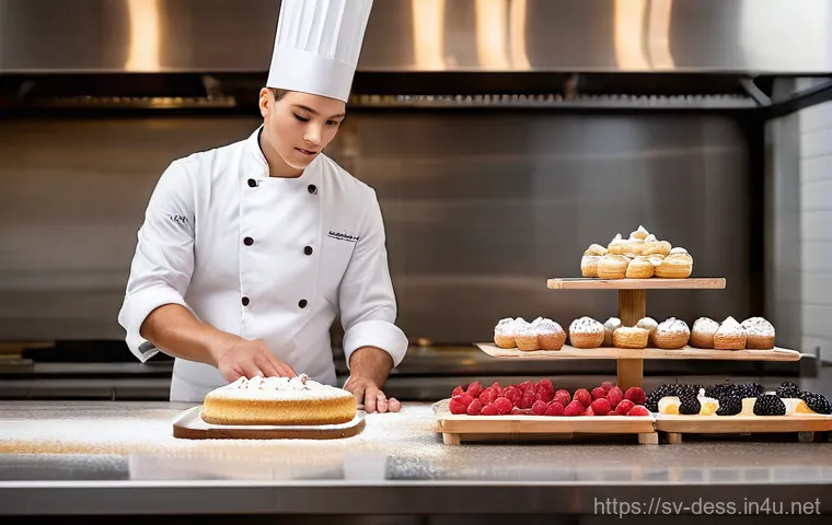 디저트 전문가의 취업 면접 대비 요령 - **Professional Pastry Chef Presenting a Diverse Portfolio**
    "A highly skilled pastry chef, in th...