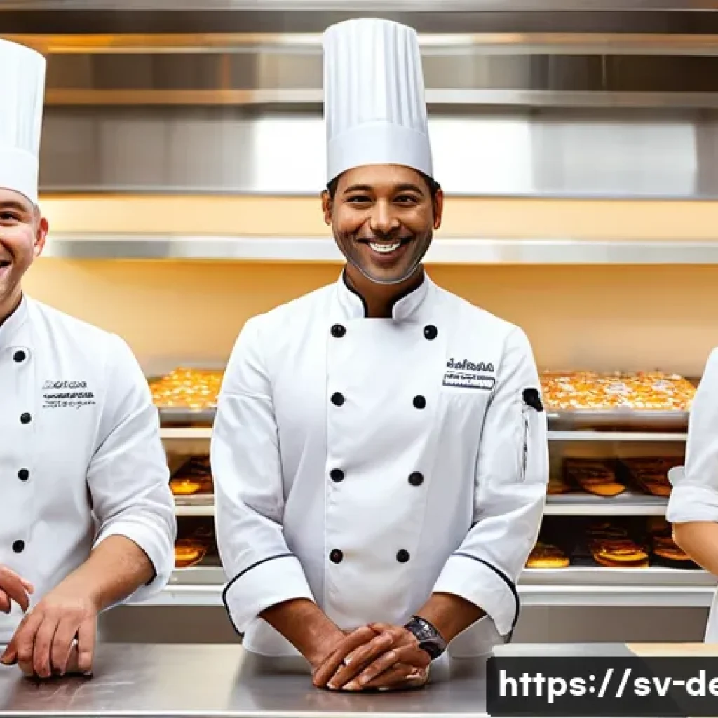 디저트 전문가의 리더십 개발 방법 - A diverse team of six pastry chefs, comprising men and women of various ages and ethnicities, wearin...