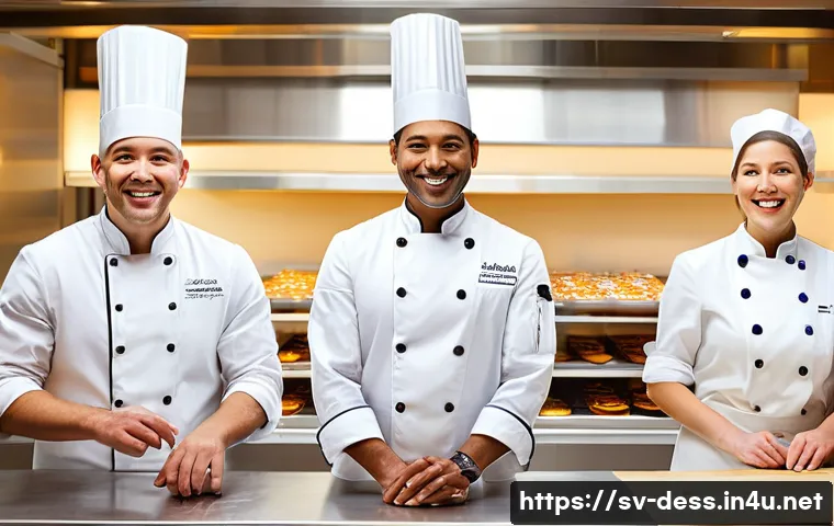 디저트 전문가의 리더십 개발 방법 - A diverse team of six pastry chefs, comprising men and women of various ages and ethnicities, wearin...
