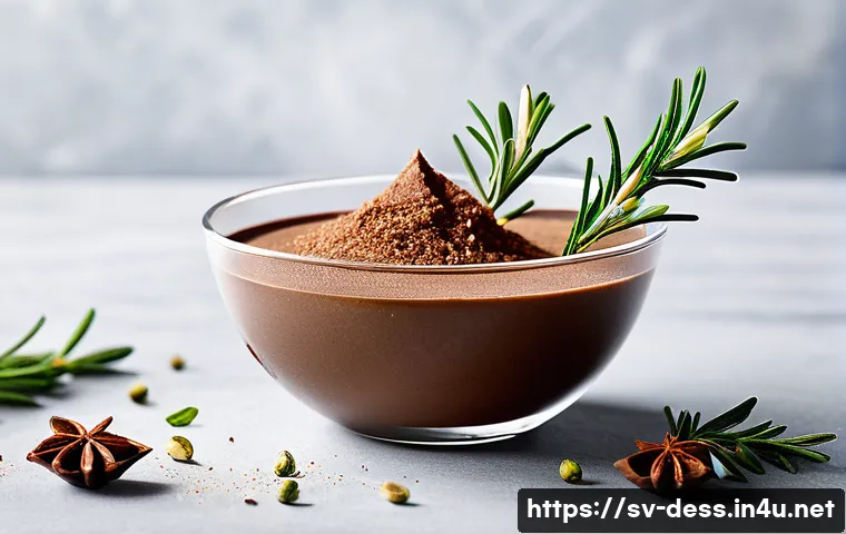 디저트 전문가를 위한 추천 도서 - A sophisticated dessert scene showcasing a modern chocolate mousse infused with roasted rosemary, se...