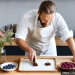 디저트 전문가의 취업시장 동향 - A modern Scandinavian pastry chef’s workspace featuring a sleek kitchen with natural light, wooden c...