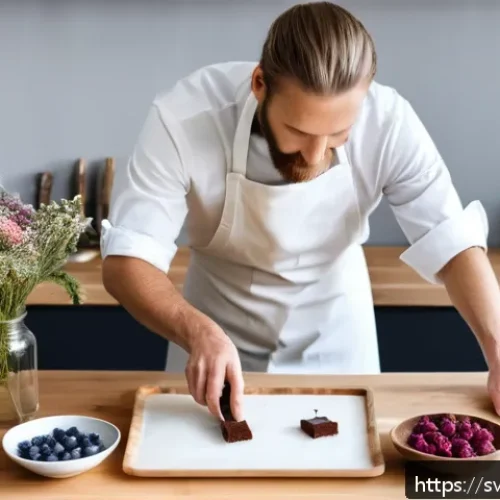 디저트 전문가의 취업시장 동향 - A modern Scandinavian pastry chef’s workspace featuring a sleek kitchen with natural light, wooden c...