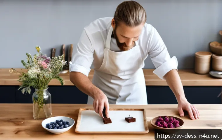디저트 전문가의 취업시장 동향 - A modern Scandinavian pastry chef’s workspace featuring a sleek kitchen with natural light, wooden c...