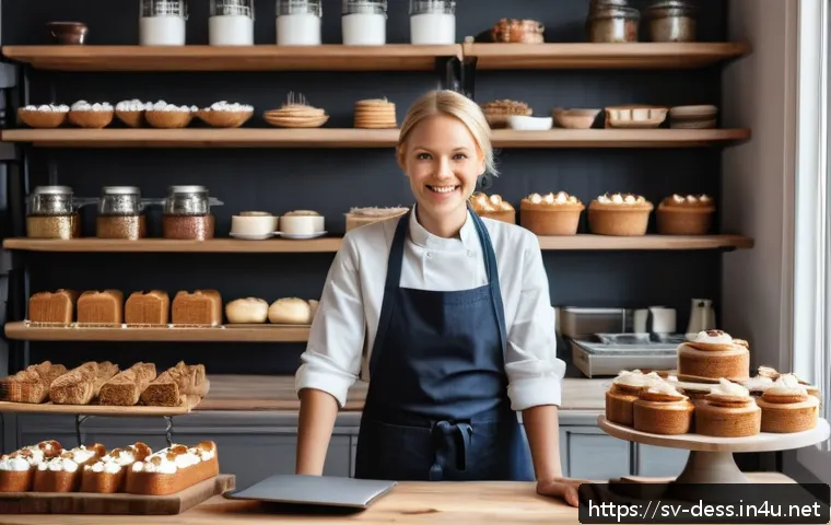 디저트 전문가의 경영학적 접근법 - A cozy Swedish bakery interior showcasing a variety of beautifully arranged desserts on rustic woode...