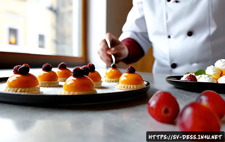 디저트 전문가로서의 감각적 표현력 키우기 - Photorealistic Nordic pastry chef in a bright Stockholm-style patisserie carefully tasting a small s...
